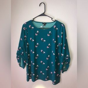 Ann Taylor dark aqua green floral blouse size Large plus!